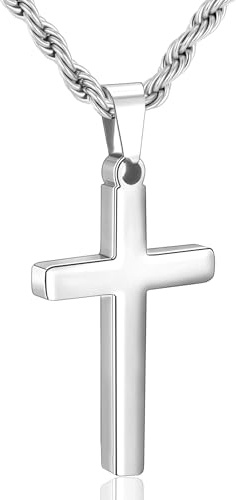 Rajputana Silver Cross Necklace Men Boys Twisted Rope Chain Cross Pendant Necklace for Men Easter Christian Baptism Jewellery Gifts 18 Inch