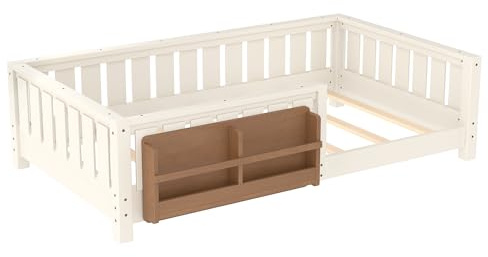 Bellemave Twin Floor Bed with Slats and Safety Guardrail, Twin Size Montessori Floor Bed with Fence and Built-in Bookshelf, Easy Assemble Montessori Beds for Kids, Girls, Boys, Beige