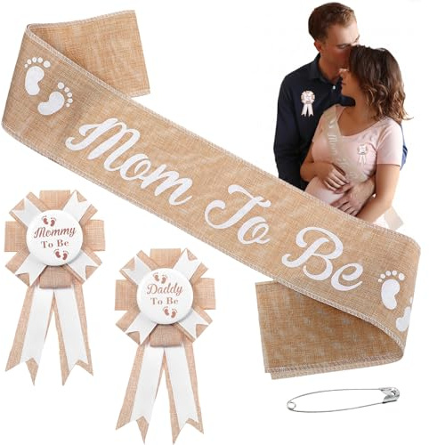 3 stycken mammy to be skärp babyshower, dekorationsset med pappa till vara mamma att vara märke, säckvävsbälte för mamma till be, babyshower-dekorationer