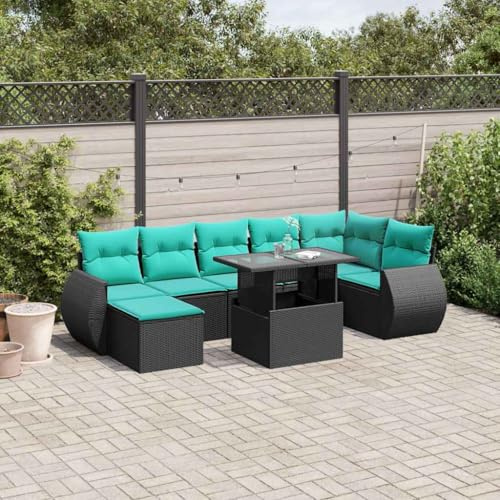 YuuSsea Ensemble de 8 canapés de jardin en rotin synthétique noir, table réglable, coussins bleus, résistants aux UV, groupe de sièges modulaires d'extérieur pour terrasse, balcon, jardin, capacité de