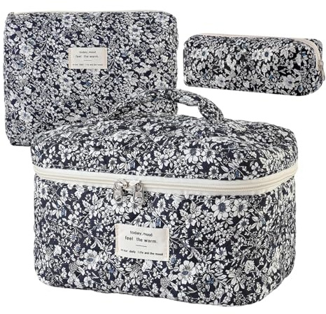 Iouyjiu Beauty case trapuntato, grande, in cotone trapuntato, con cerniera, set di trousse per il trucco, per ragazze e donne, scuola, esterni, casa, bagagli, bagno, lavaggio