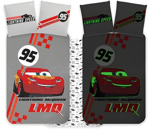 Parure de lit Disney Cars phosphorescente | Housse de Couette Junior 100x135 cm + taie d'oreiller 40x60 cm, 100% Coton | Parure de lit bébé réversible Flash McQueen, idéale pour Les Tout-Petits