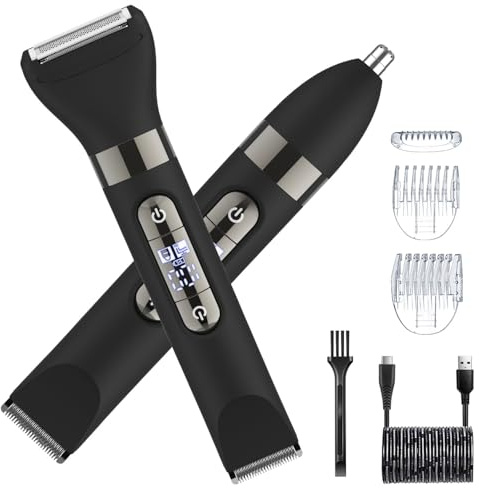 Hatteker Recortadora de vello corporal multifuncional 3 en 1 de doble cabeza para hombres, IPX7 impermeable, recortadora de nariz/cejas, afeitadora eléctrica recargable