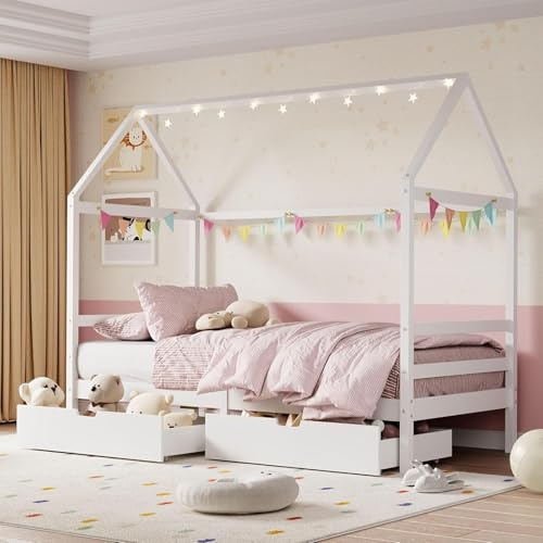 Kids Wooden House Bed Frame 90x190cm, Toddler Single Playhouse Bed with Roof and 2 Underbed Storage Drawers on Wheels, Solid Pine Wood Low Platform Safety Bed, Bedroom Furniture for Boys Girls White