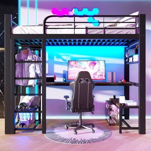 luckdect Lit Mezzanine 90x200 cm en métal,Grille pour Suspendre des Objets,lit en Hauteur with Bureau,Bande Lumineuse LED,Structure d'escalier avec Espace de Rangement,Mezzanine 1 Place, sans Matelas