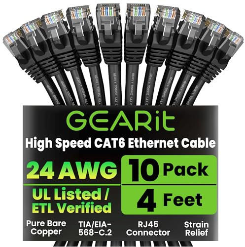 GEARit Cat 6 Ethernet Cable Pack - 10-Pack 4 ft Cat6 Ethernet Patch Cables | RJ45 Network Patch Cable, 10 Gbps Snagless Gold-Plated Connectors - Ethernet Cable Cat 6 for PC, TV, Router - Black