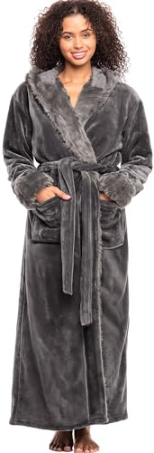 Alexander Del Rossa - Bata de baño de felpa con capucha para mujer, cálida y firme - gris - S-M