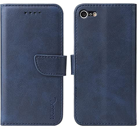 LOLFZ Wallet Case for iPhone 7/8/SE 2020/SE 2022, Vintage Leather Book Case with Card Holder Kickstand Magnetic Closure Flip Case Cover - Blue