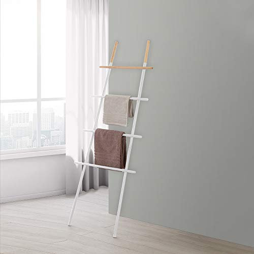 Scala Porta Asciugamani Moderna H 170 cm, Realizzata in Acciaio e Particolari in bambù, 4 Ripiani (Bianco)