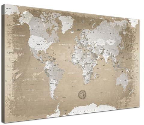 LANA KK - Premium Pinnwand Weltkarte - Natur - Deutsch - in 100 x 70 cm, stabile Rückwand zum Pinnen inkl. Starterkit - Leinwand-Kunstdruck Wandbild Landkarte XXL