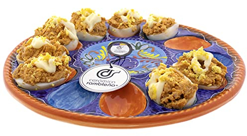 CERÁMICA RAMBLEÑA | Huevera | Plato huevos rellenos | Bandeja cerámica | Huevos rellenos | Huevos plato | Huevera amazon | Plato huevos modelo - M02 | Decoración 100% hecho a mano | 26x26x2.5 cm