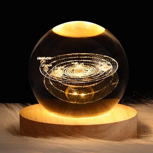 Sfera di cristallo 3D con motivo con sistema solare, luce notturna per bambini a forma di sfera in vetro, lampada da notte con base in legno, tema fantasy e galassia con pianeti, decorazione