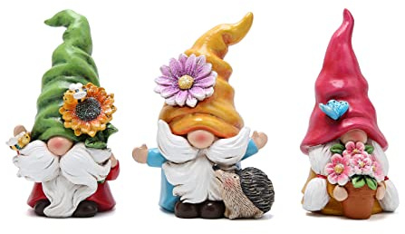 Hodao Set of 3 Spring Gnome Decorations Flower Gnomes Ornaments Decor Summer Outdoor Figurines Spring Elves for Porch, Garden Yard, Flower Bed Garden Gifts for Women, Mom