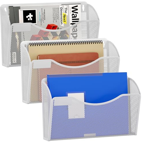 EasyPAG 3 landskapsfickor A4 nätväggorganiserare hängande väggmonterad filhållare, postorganiserare, tidskriftsförvaring med etikettpanel, 3-pack, vit