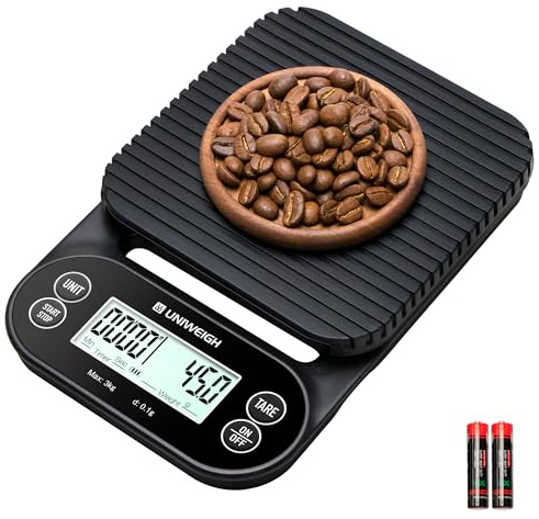 UNIWEIGH Bilancia per Caffè e Cucina Con Timer 3kg/0,1g - Alta Precisione, Funzione Tara, Auto Spegnimento, Display LCD
