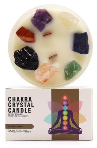 Ancient Wisdom Chakra-kristallljus – sojavax – 10 x 6 cm – 23 h brinnande (sju chakra)