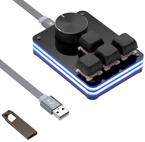 GEEKRIA Mini teclado USB de 4 teclas + perilla, teclado mecánico para juegos con una sola mano. Función de tecla personalizable, teclado RGB silencioso de eje rojo, compatible con Windows Xp/7/8/10/11