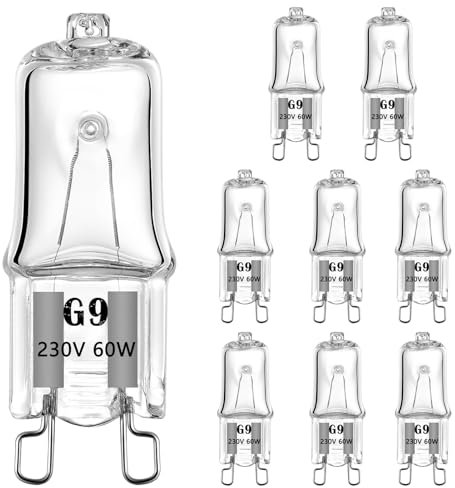 AHEVO G9 Halogen Light Bulb, 230V 60W G9 T4 JCD Bi-Pin Base 680LM, 300℃ Heat Tolerant, Replacement for Oven, Landscape Lights, Desk and Floor Lamps, Wall Sconces, Dimmable, Warm White (8 Pack)