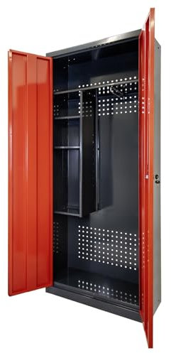 PROREGAL Motorradschrank Owl mit 3X Staufächer & 1x Fachboden | HxBxT 192x80x37cm | Anthrazitgrau/Rot | Mehrzweckschrank Garderobenschrank Spind Flügeltürenschrank Metallschrank abschließbar