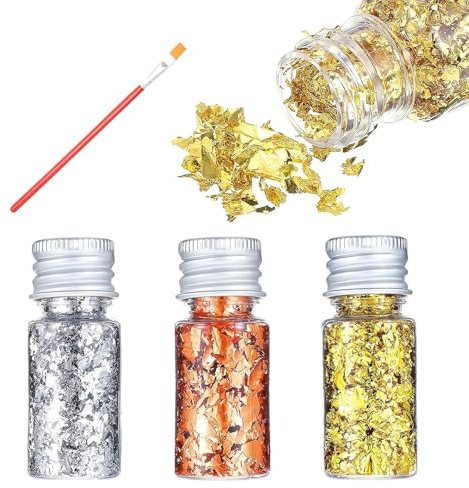 3 Bottles Decorative Gold Leaf, Multifunction Gold Leaf Decorative for Cakes, Decorative Gold Leaf for Cakes, DIY Craft, Gold Leaf Sheets Home Restaurant Decor Gold Foil for Cake Chocolate