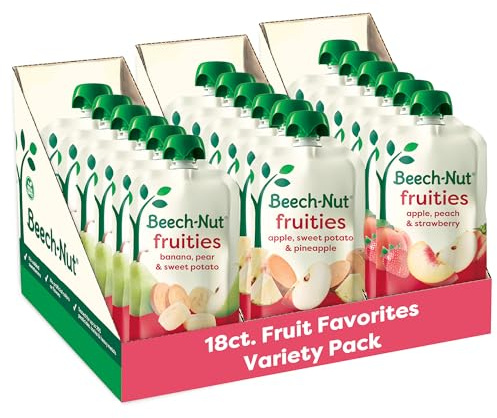 Beech-Nut Stage 2 Baby Food Pouches Variety Pack, Fruit Purees for Babies, Non-GMO, Dairy-Free, 3.5 oz (18 Pack)