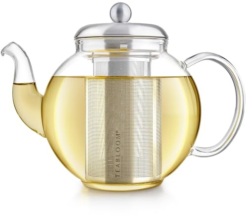 Teabloom Heritage Borosilicate Glass Teapot – 40 oz Classic Round Design with Stainless Steel Infuser – Stovetop Safe, Drip-Free Spout, Durable Heat-Resistant Tea Kettle for Loose Leaf or Teabags
