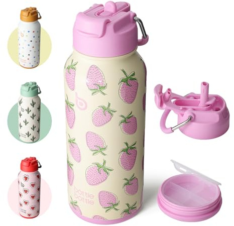 BOTTLE BOTTLE Gourde isotherme avec pilulier Bouteille isotherme de 900 ml Gourde sport en acier inoxydable pour l'extérieur, la randonnée (Baies sucrées)