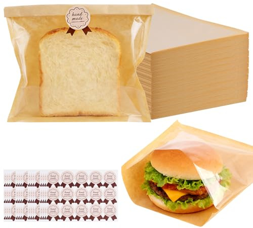 Akamino 200 Pcs Kraft Paper Sandwich Bags, Heat Sealable Paper Food Bags with Clear Window Front & Sticker,Brown Pastry Bakery Bag Toast Packs for Packaging Cookies Dessert Sweets,Gifts Craft(7.5x7In)
