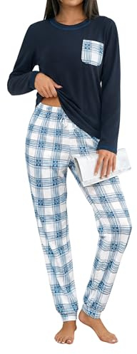 Demegimi Pijama Mujer Algodón Largo Pijamas Mujer Invierno Conjunto de Camiseta de Manga Larga y Pantalón Largo S-XXL