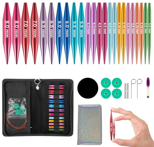Mini Aiguilles Circulaires Interchangeables, 12 Paires Aiguilles Circulaires Tricot avec Sac et Accessoires, 12 Diamètres (3–8 mm), 4 Longueurs (15–55 cm), Aluminium Tricoter Set (12 Paires, 5 cm)