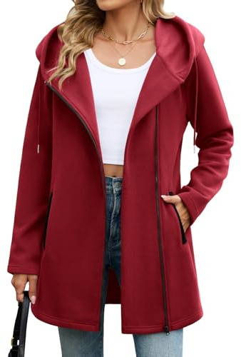 Vancavoo Sweat à Capuche Femme Zippé en Polaire Sweat-Shirt Hoodie Printemps Fermeture Éclair Asymétrique Veste Manteau Automne Sweatshirts,Rouge vin,XXL