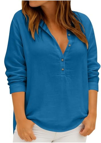 Camicie da Donna in Cotone di Lino Taglie Forti Estive Comodo Blusa Scollo a V Traspirante Casual Magliette in Cotone Vacanza Ufficio Lavoro Camicetta alla Moda da Spiaggia Vintage con Bottoni Bluse