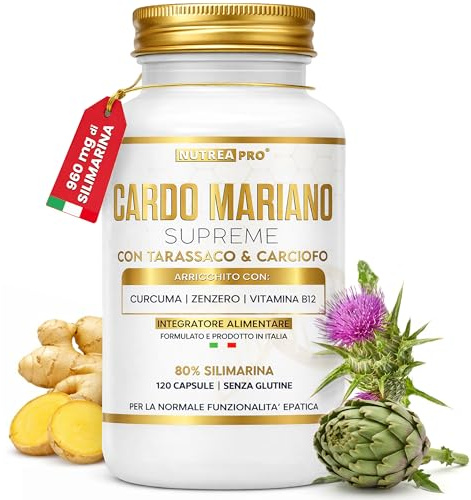 Cardo Mariano Tarassaco e Carciofo + Curcuma e Zenzero | 1200 mg di Cardo Mariano Fegato | 80% di Silimarina 960 mg | 120 Cps Made In Italy | detox fegato grasso disintossicante forte NUTREA PRO®