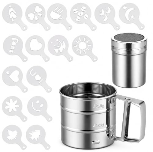 Tamizador de harina de acero inoxidable, espolvoreador de azúcar glas, tamizador de harina de una mano, tamizador de cocina, tamizador de café fino, espolvoreador de cacao con 16 plantillas para cacao