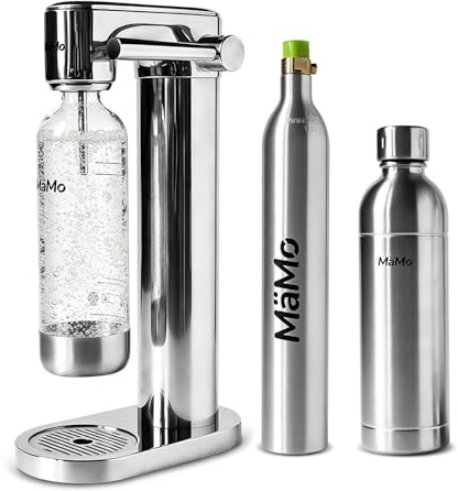 MäMo Edelstahl Wassersprudler Set en argent, incl. Cylindre CO2 & 2 bouteilles Silbernes Edelstahl-Design. Incl. 1L PET, 1L Voll-Edelstahlflasche & CO2-Zylinder. Sans électricité pour eau fraîche