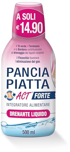 Pancia Piatta Act Forte, Integratore Alimentare Drenante Liquido per il Drenaggio dei Liquidi Corporei e l’Eliminazione dei Gas, a Base di Tè Verde, Tarassaco, Bardana e Finocchio, Flacone da 500 ml