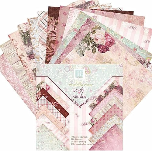 24pcs Patterned Paper Background Paper Romantic Flowers Vintage for Album Scrapbook Cards 6x 6 inch