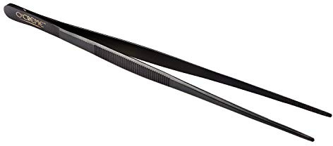 O'Creme 10 Inch Black Precision Stainless Steel Kitchen Tweezer Tongs with Serrated Tips for Gripping