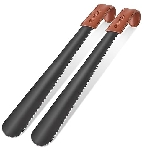 ZOMAKE Calzador de Acero Inoxidable Largo 42CM - Metalico Calzadores Largos,Mango de Cuero Para Mujeres Embarazadas y Personas de La Tercera Edad(2 Piezas Negras)