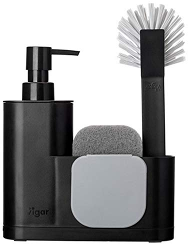 Vigar - Set Fregadero - Esponja, Cepillo, Espátula y Dosificador de Jabón - 18,5 x 5 x 26 cm - Monobloc - Depósito de 350 ml - No Raya - En Color Negro