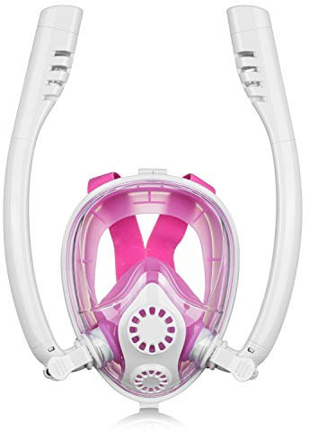 KINGDUO Antifog Tubo Doble Cara Completa Snorkel Buceo Mascara Gafas de respiración de natación con Cámara de Montaje - Blanco Rosa L/XL
