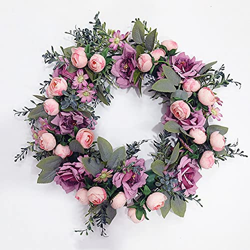 HAOSHICS Corona colgante de flores artificiales, guirnalda de imitación para puerta delantera, corona artificial para puerta, boda, fiesta, hogar, pared, decoración de ventana (rosa morada)