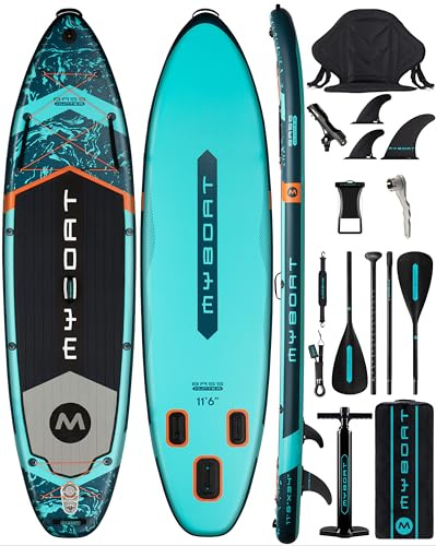 MYBOAT 11'6×34×6 Extra Wide Inflatable Paddle Board for Fishing, Stand Up Paddle Board, Sup Board with Fishing Rod Holder, Kayak Seat, 3 Removable Fins, Hand Pump, Strong Paddle, Camera Mount