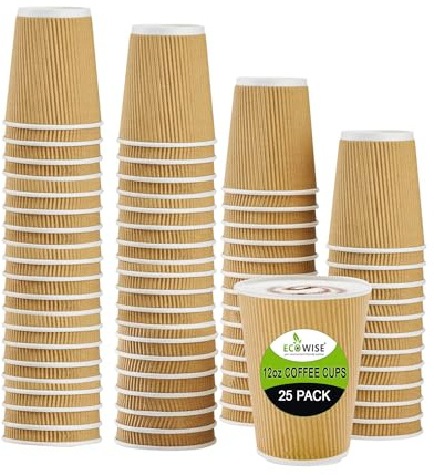EcoWise | 25 x 12 Oz Ripple Paper Cup | 340 ml | Brown | Kraft - 3 Ply | 100% Natural and Recyclable | Eco-Friendly | Drinking | Hot Coffee, Tea, Cappuccino & Cold Drinks | Disposable - by Best House
