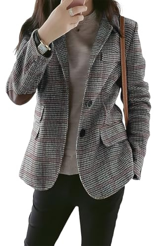 ebossy Womens Vintage Nothced Lapel Single Breasted Boyfriend Blazer Suits Houndstooth Plaid Jacket Coat with Patched Elbow, Grey, M