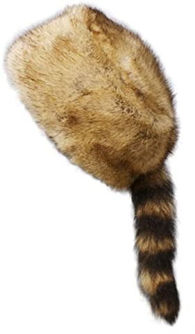 homeemoh Faux Fur Raccoon Tail Hat for Women Men, Faux Coonskin Cap with Tail Flat Top Winter Hat