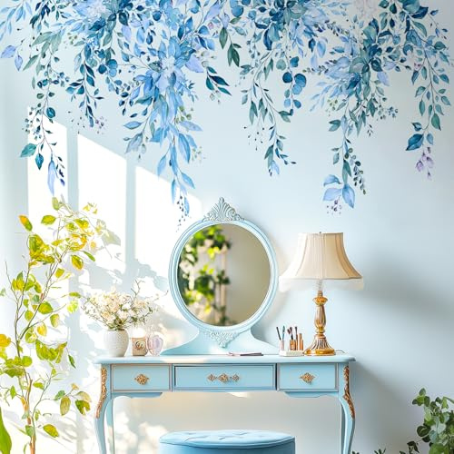 VePret Blue Plants Leaves Wall Decals Peel and Stick, Large Floral Flowers Vinyl Wall Stickers, Removable Vine Home Decor Art for Bedroom Living Room Classroom Office