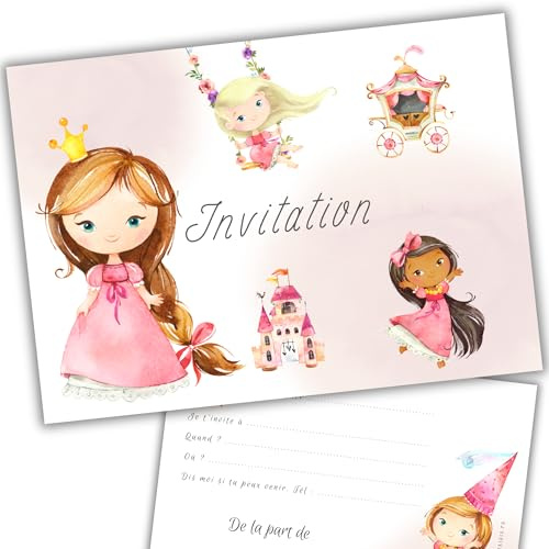 Naïris bijoux Lot de 8 cartes Invitation Anniversaire Enfant - Fille - Princesse en Aquarelle