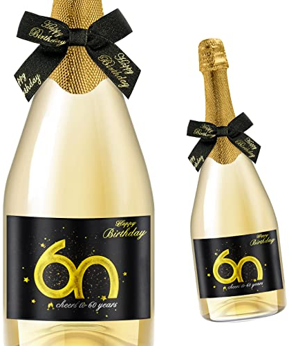 Giftota 2 Stück 60 Geburtstags-Flaschenetikett & Geschenkschleifen - Weinetiketten Personalisiert Selbstklebend für Sekt und Schaumwein - 60 Geburtstag Deko - Geburtstags-Geschenk für Männer & Frauen