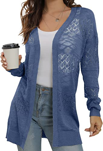 GRECERELLE Summer Cardigans for Women UK Lightweight Lace Hollow Out Knit Soft Long Sleeve Open Front Beach Coverups Ladies Solid Color Sun Protection